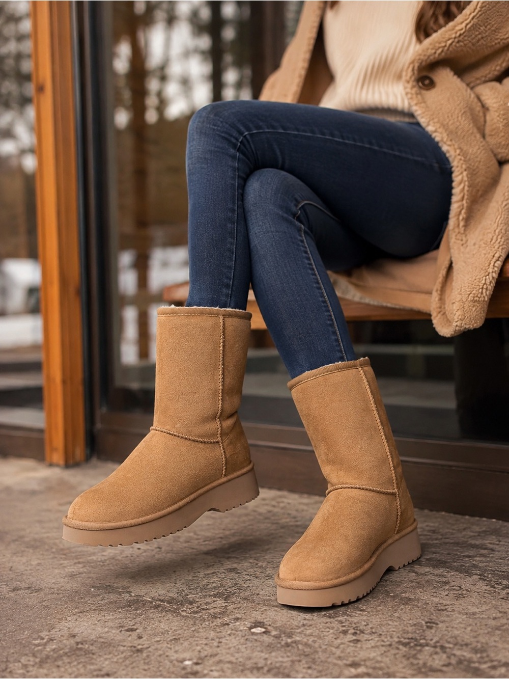POBOLIN Women’s Suede Platform Winter Boots Tan Size 8 New in Box